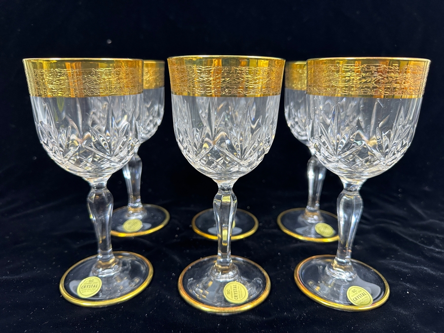 (6) New 24K Gold Rim Alfa & Omega Crystal Stemware Glasses Murano Italy In Original Box 6.5H [Photo 3]
