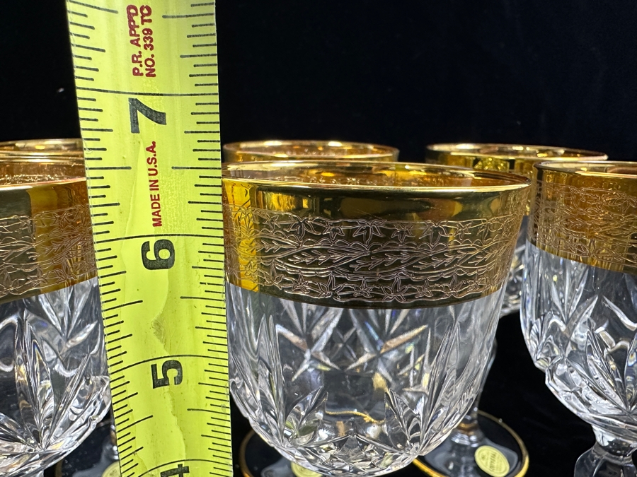 (6) New 24K Gold Rim Alfa & Omega Crystal Stemware Glasses Murano Italy In Original Box 6.5H [Photo 9]
