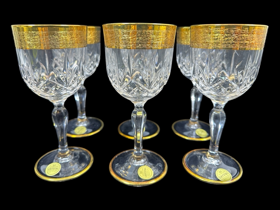 (6) New 24K Gold Rim Alfa & Omega Crystal Stemware Glasses Murano Italy In Original Box 6.5H