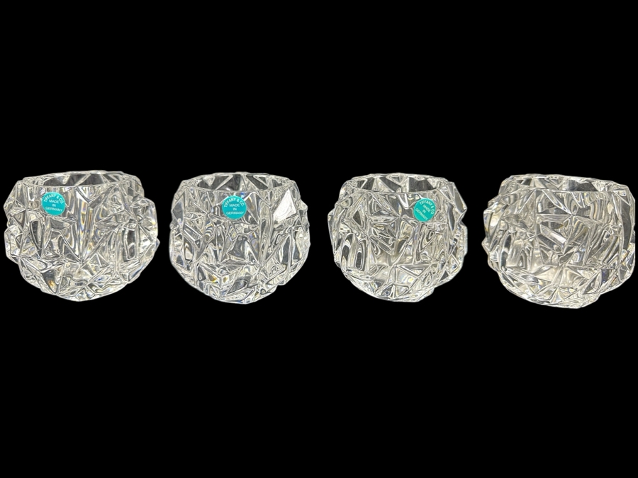 (4) New Tiffany & Co Crystal Rock Cut Crystal Candle Holders Votives 2.75H