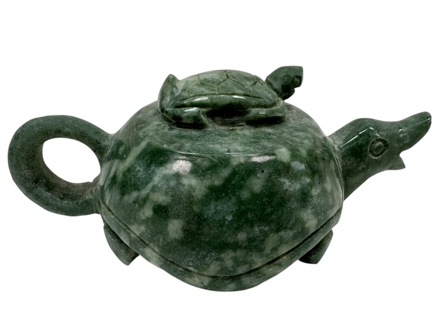 Vintage Chinese Carved Green Stone Turtle on Turtle Teapot 4.75'W [Photo 1]