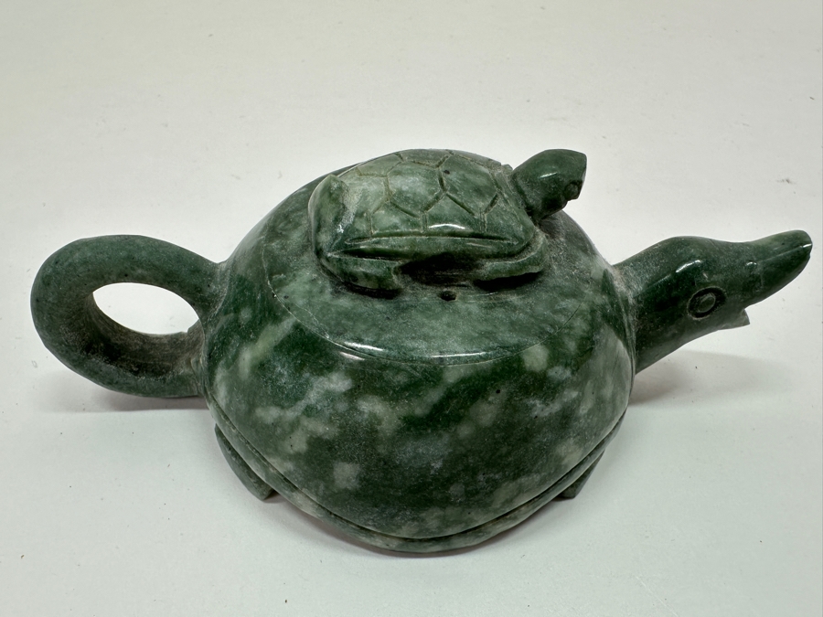 Vintage Chinese Carved Green Stone Turtle on Turtle Teapot 4.75'W [Photo 4]