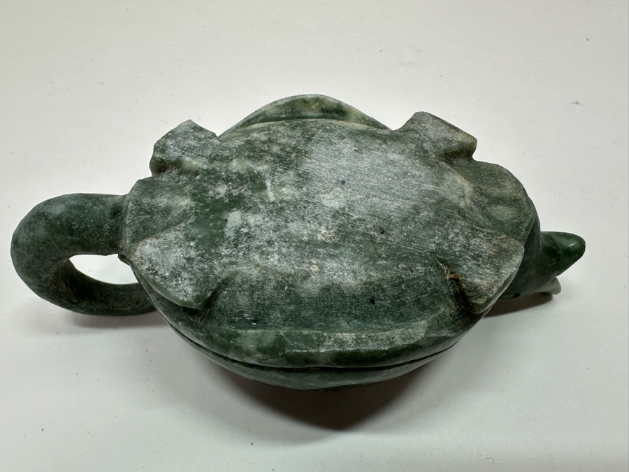 Vintage Chinese Carved Green Stone Turtle on Turtle Teapot 4.75'W [Photo 7]