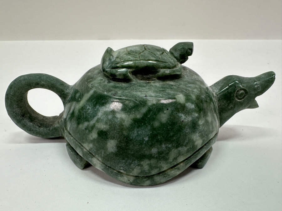 Vintage Chinese Carved Green Stone Turtle on Turtle Teapot 4.75'W [Photo 3]