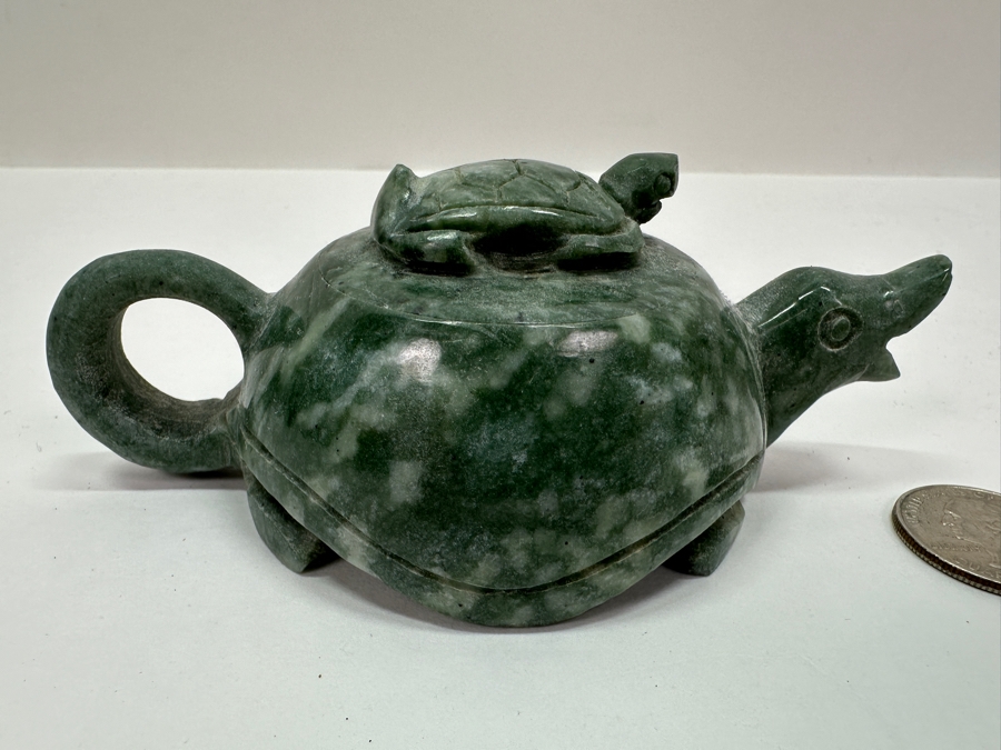 Vintage Chinese Carved Green Stone Turtle on Turtle Teapot 4.75'W [Photo 2]