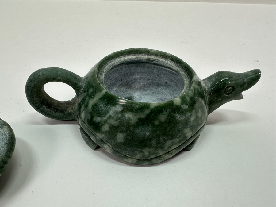 Vintage Chinese Carved Green Stone Turtle on Turtle Teapot 4.75'W [Photo 5]
