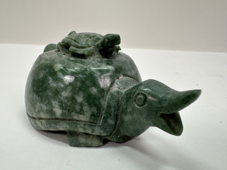 Vintage Chinese Carved Green Stone Turtle on Turtle Teapot 4.75'W [Photo 6]