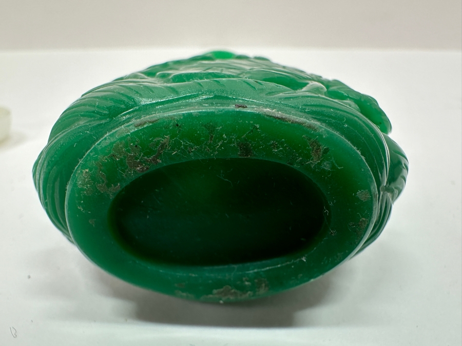Vintage Chinese Carved Green Stone Snuff Bottle Featuring Pair Of Fish On One Side And Floral Design On The Other 3'H [Photo 12]