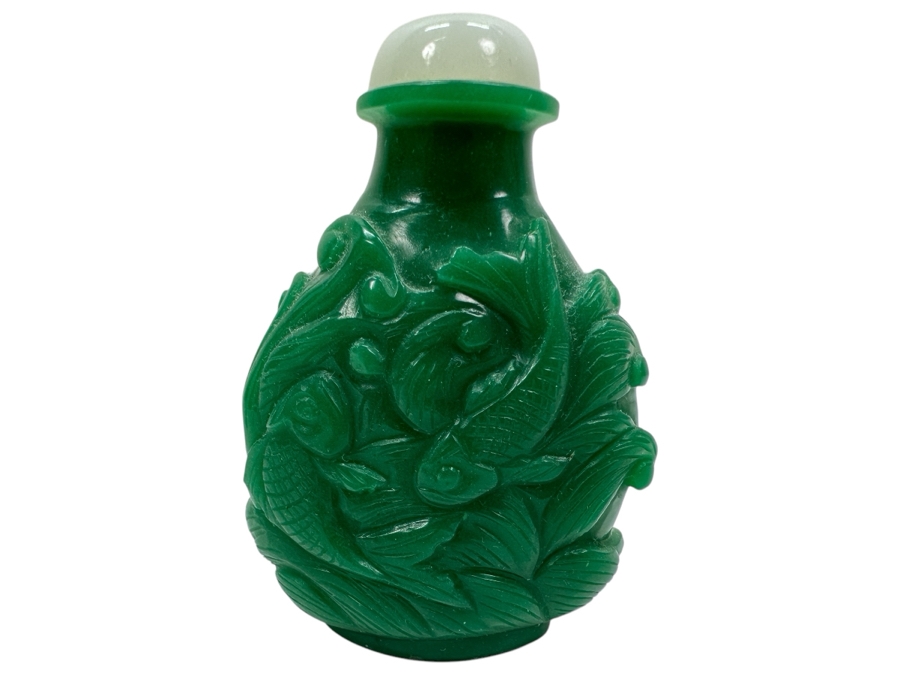 Vintage Chinese Carved Green Stone Snuff Bottle Featuring Pair Of Fish On One Side And Floral Design On The Other 3'H [Photo 1]