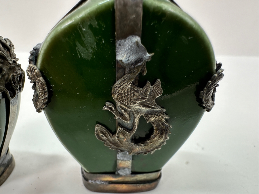 Vintage Pair Of Tibetan Silver Dragon Overlay Snuff Bottles 2.5H [Photo 9]