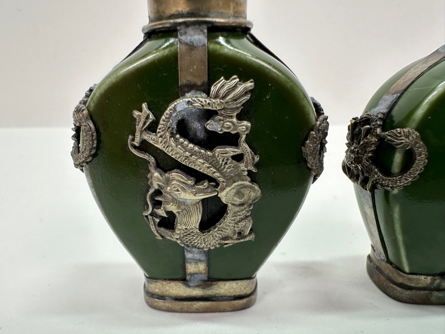 Vintage Pair Of Tibetan Silver Dragon Overlay Snuff Bottles 2.5H [Photo 3]