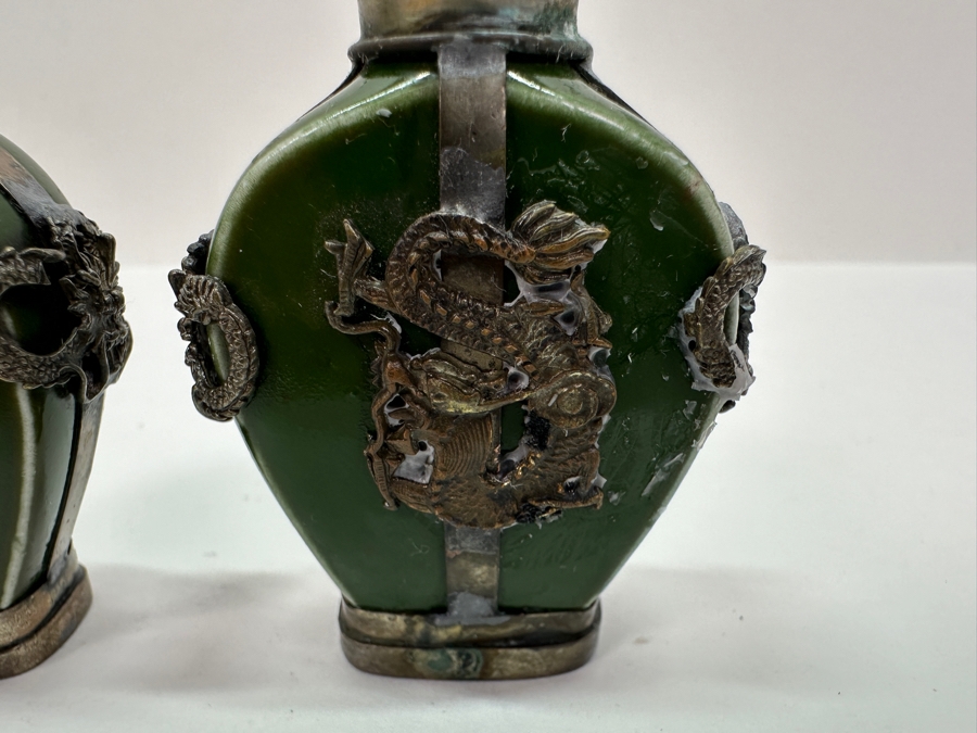 Vintage Pair Of Tibetan Silver Dragon Overlay Snuff Bottles 2.5H [Photo 4]