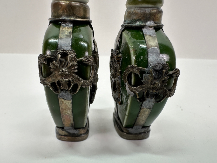 Vintage Pair Of Tibetan Silver Dragon Overlay Snuff Bottles 2.5H [Photo 10]