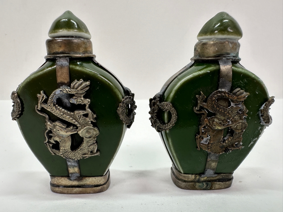 Vintage Pair Of Tibetan Silver Dragon Overlay Snuff Bottles 2.5H [Photo 2]