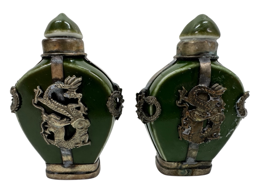 Vintage Pair Of Tibetan Silver Dragon Overlay Snuff Bottles 2.5H