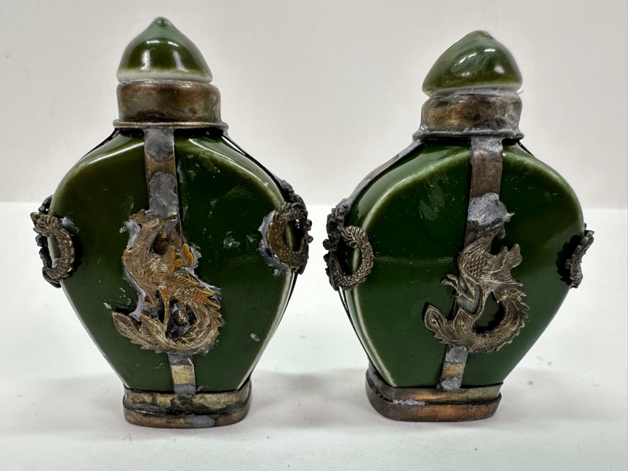 Vintage Pair Of Tibetan Silver Dragon Overlay Snuff Bottles 2.5H [Photo 7]