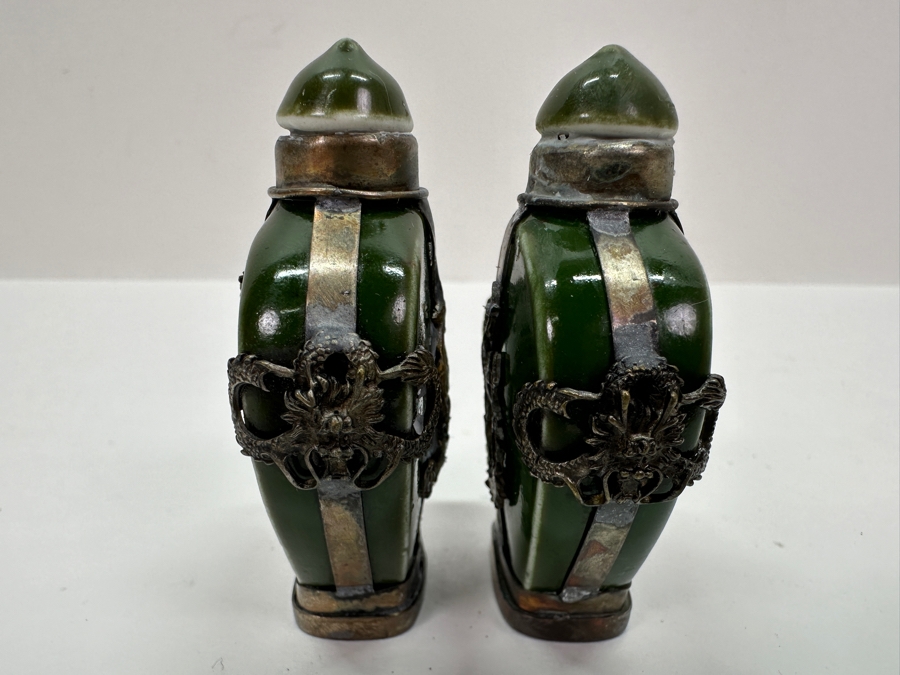 Vintage Pair Of Tibetan Silver Dragon Overlay Snuff Bottles 2.5H [Photo 6]