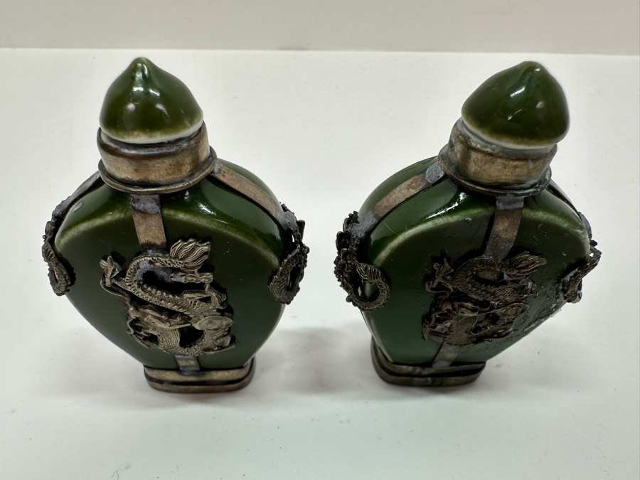 Vintage Pair Of Tibetan Silver Dragon Overlay Snuff Bottles 2.5H [Photo 5]