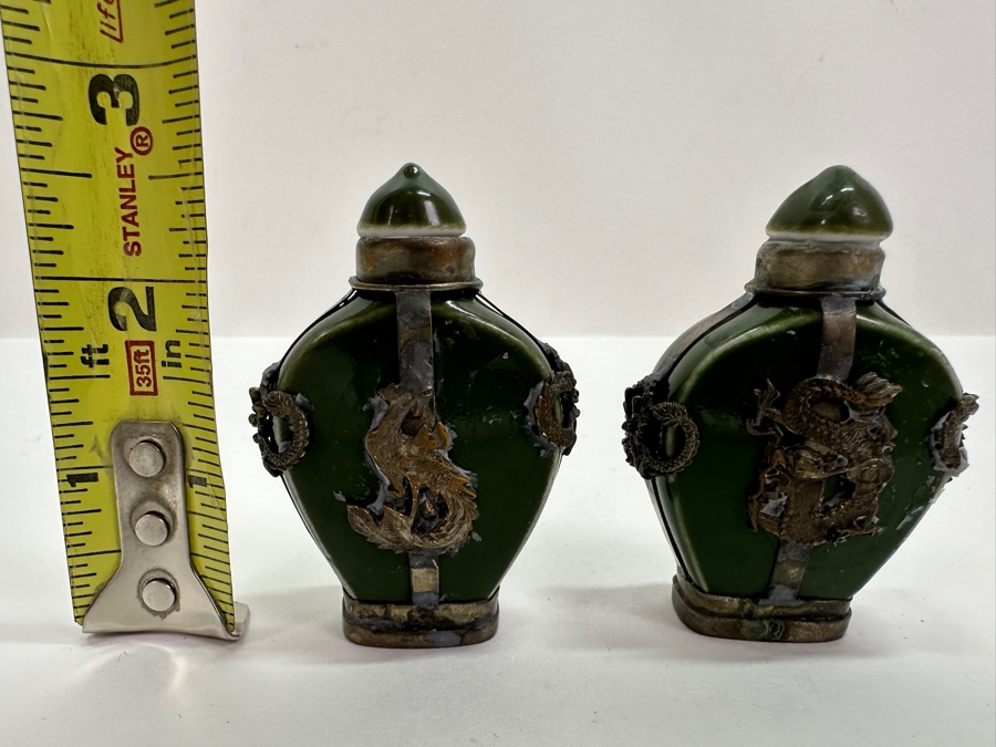 Vintage Pair Of Tibetan Silver Dragon Overlay Snuff Bottles 2.5H [Photo 16]