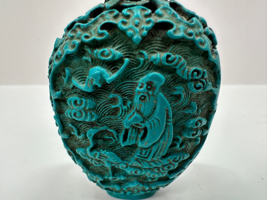 Antique Chinese Deep Relief Hand Carved Turquoise Snuff Bottle 3H [Photo 3]