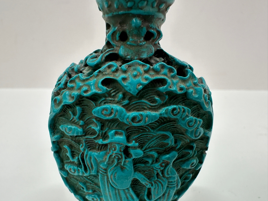 Antique Chinese Deep Relief Hand Carved Turquoise Snuff Bottle 3H [Photo 7]