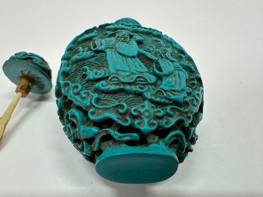 Antique Chinese Deep Relief Hand Carved Turquoise Snuff Bottle 3H [Photo 12]