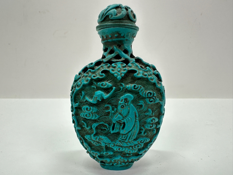 Antique Chinese Deep Relief Hand Carved Turquoise Snuff Bottle 3H [Photo 2]