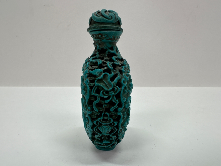 Antique Chinese Deep Relief Hand Carved Turquoise Snuff Bottle 3H [Photo 9]