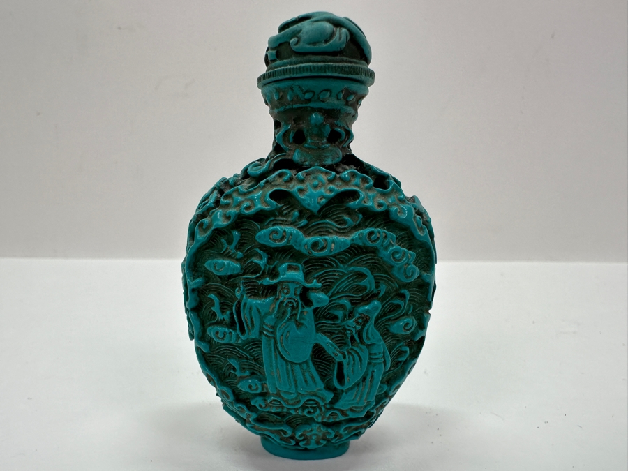 Antique Chinese Deep Relief Hand Carved Turquoise Snuff Bottle 3H [Photo 5]