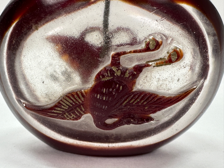 Antique Chinese Red Glass Overlay Snuff Bottle Featuring Butterfly And Crane 2.5H [Photo 6]