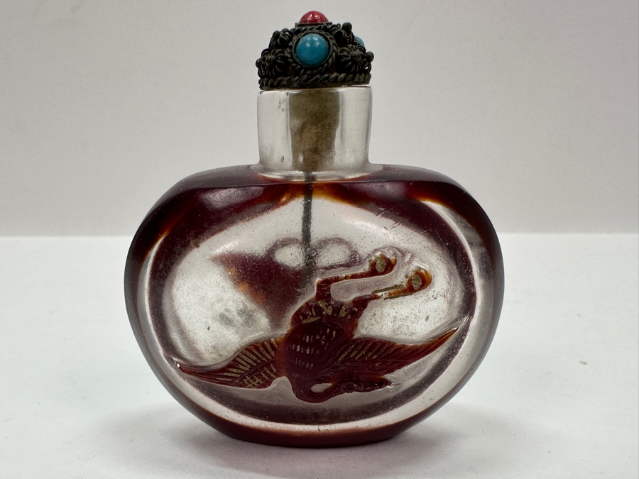 Antique Chinese Red Glass Overlay Snuff Bottle Featuring Butterfly And Crane 2.5H [Photo 5]