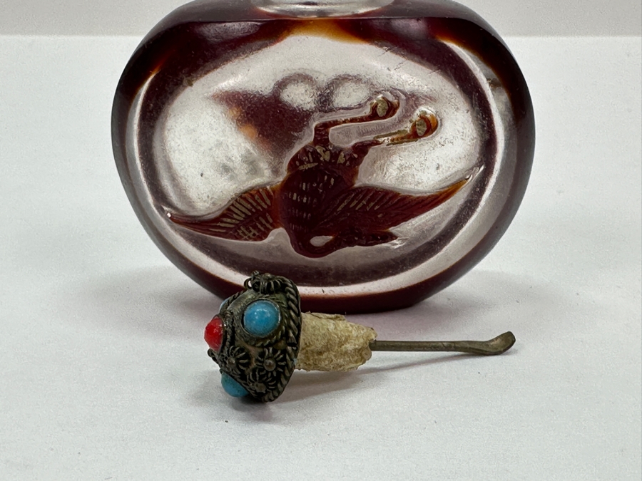 Antique Chinese Red Glass Overlay Snuff Bottle Featuring Butterfly And Crane 2.5H [Photo 9]
