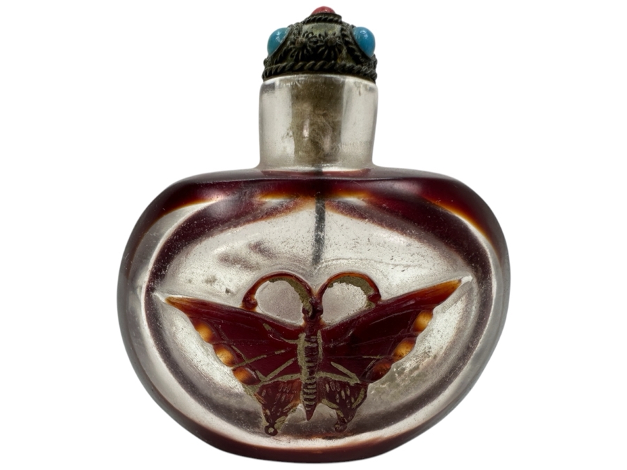 Antique Chinese Red Glass Overlay Snuff Bottle Featuring Butterfly And Crane 2.5H
