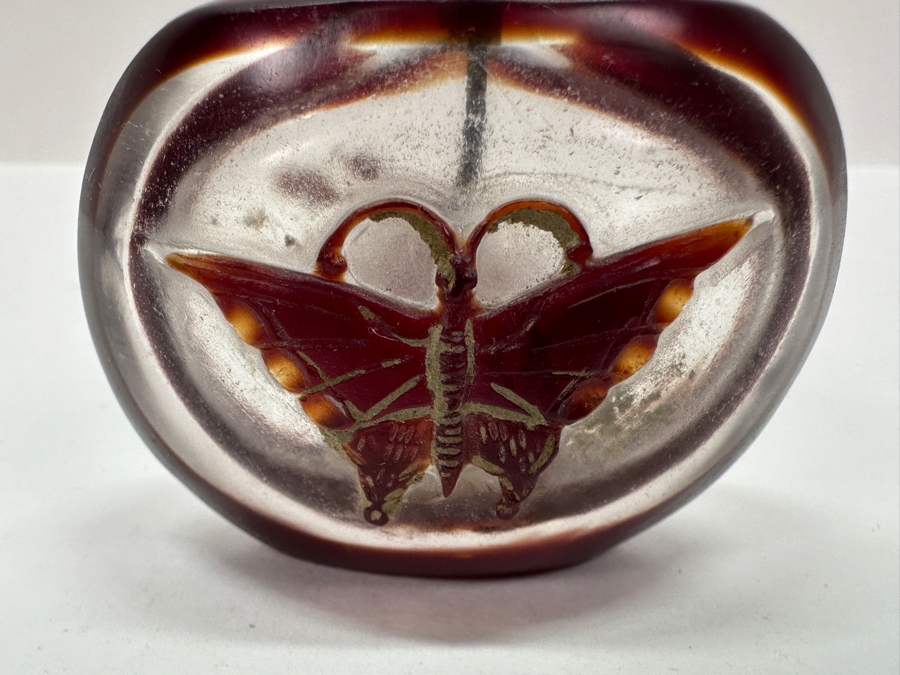 Antique Chinese Red Glass Overlay Snuff Bottle Featuring Butterfly And Crane 2.5H [Photo 3]