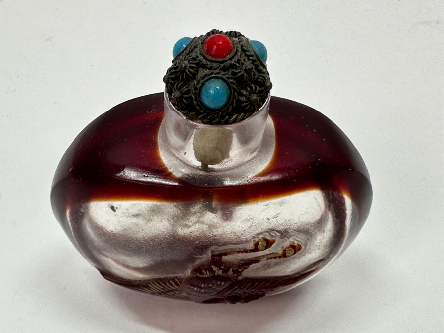 Antique Chinese Red Glass Overlay Snuff Bottle Featuring Butterfly And Crane 2.5H [Photo 7]