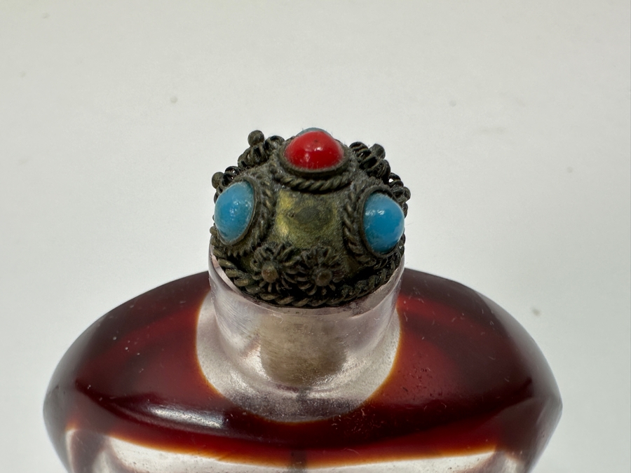 Antique Chinese Red Glass Overlay Snuff Bottle Featuring Butterfly And Crane 2.5H [Photo 4]