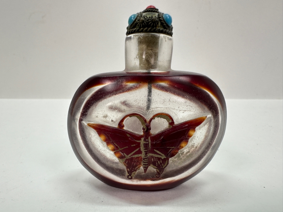 Antique Chinese Red Glass Overlay Snuff Bottle Featuring Butterfly And Crane 2.5H [Photo 2]