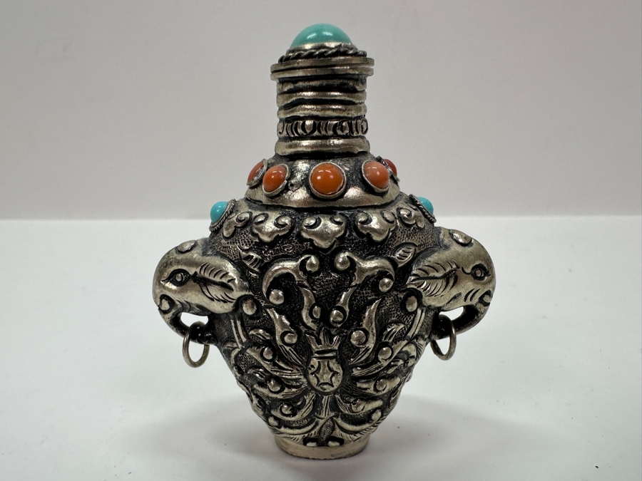 Vintage Tibetan Silver Snuff Bottle with Turquoise and Coral Inlays and Elephant Handles 3'H [Photo 6]