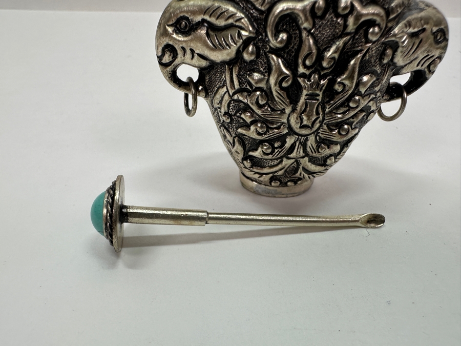 Vintage Tibetan Silver Snuff Bottle with Turquoise and Coral Inlays and Elephant Handles 3'H [Photo 10]