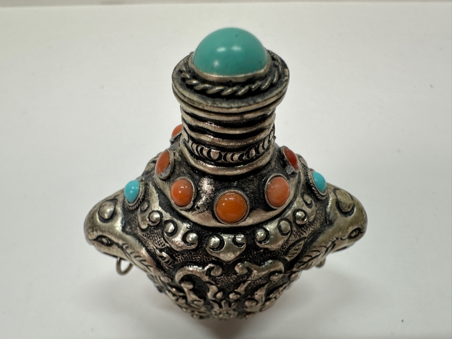Vintage Tibetan Silver Snuff Bottle with Turquoise and Coral Inlays and Elephant Handles 3'H [Photo 7]