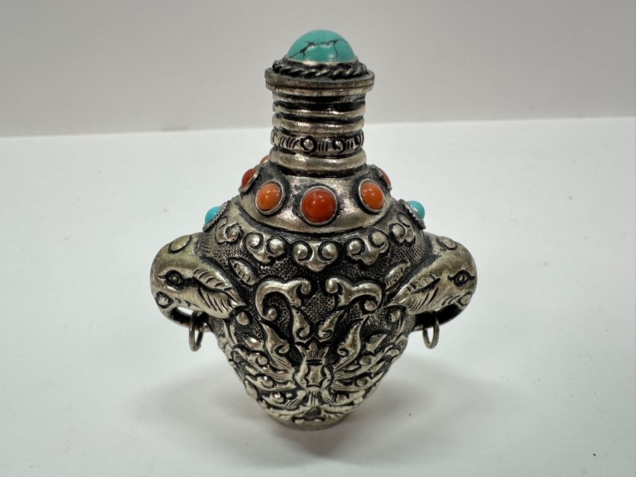 Vintage Tibetan Silver Snuff Bottle with Turquoise and Coral Inlays and Elephant Handles 3'H [Photo 3]