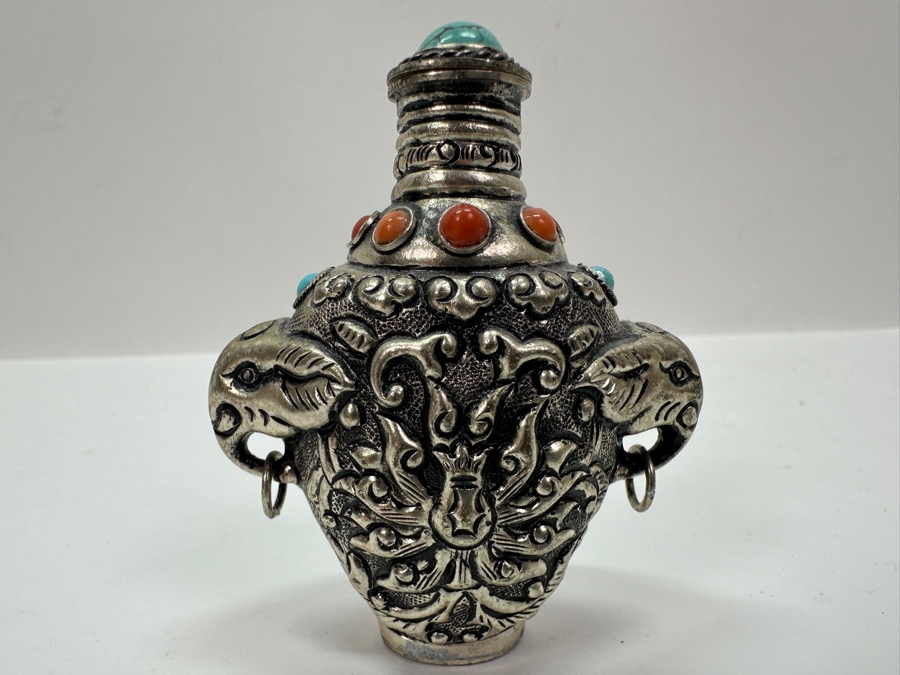 Vintage Tibetan Silver Snuff Bottle with Turquoise and Coral Inlays and Elephant Handles 3'H [Photo 2]