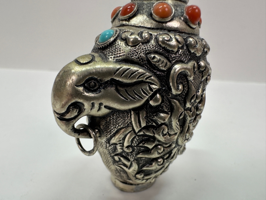 Vintage Tibetan Silver Snuff Bottle with Turquoise and Coral Inlays and Elephant Handles 3'H [Photo 4]