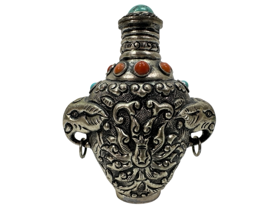 Vintage Tibetan Silver Snuff Bottle with Turquoise and Coral Inlays and Elephant Handles 3'H