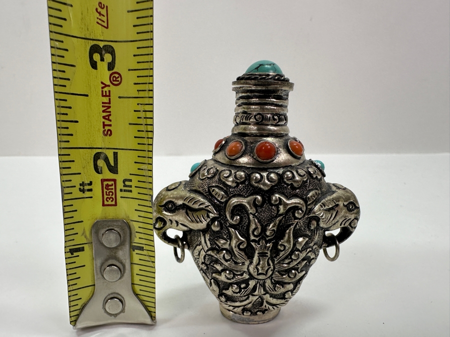 Vintage Tibetan Silver Snuff Bottle with Turquoise and Coral Inlays and Elephant Handles 3'H [Photo 11]