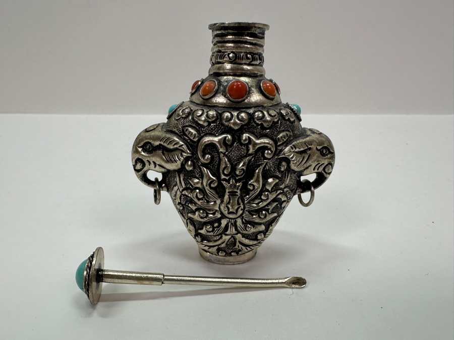 Vintage Tibetan Silver Snuff Bottle with Turquoise and Coral Inlays and Elephant Handles 3'H [Photo 9]