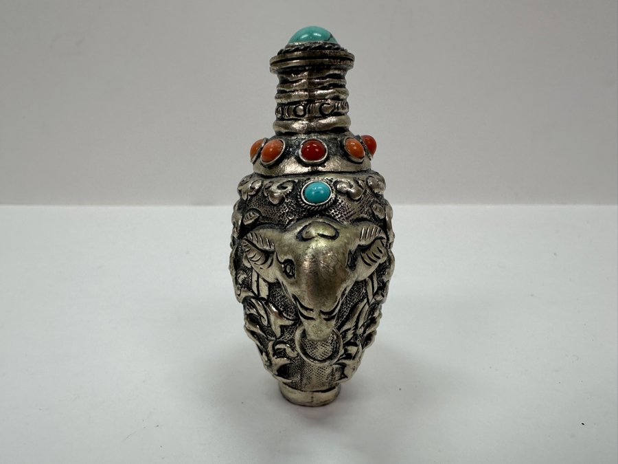 Vintage Tibetan Silver Snuff Bottle with Turquoise and Coral Inlays and Elephant Handles 3'H [Photo 5]