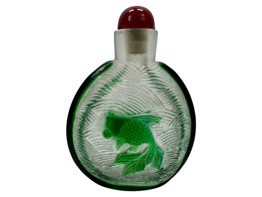 Vintage Chinese Carved Green To Clear Glass Koi Fish Turtle Snuff Bottle 2.75'H