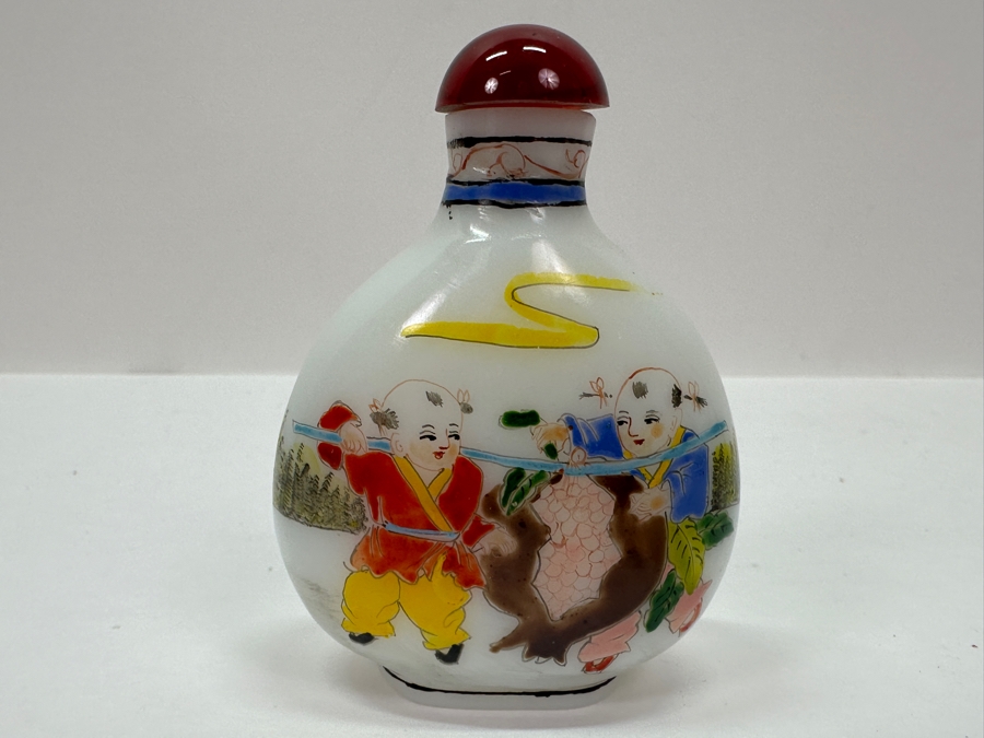 Vintage Chinese Signed Hand Painted Glass Chinese Snuff Bottle 3'H [Photo 6]