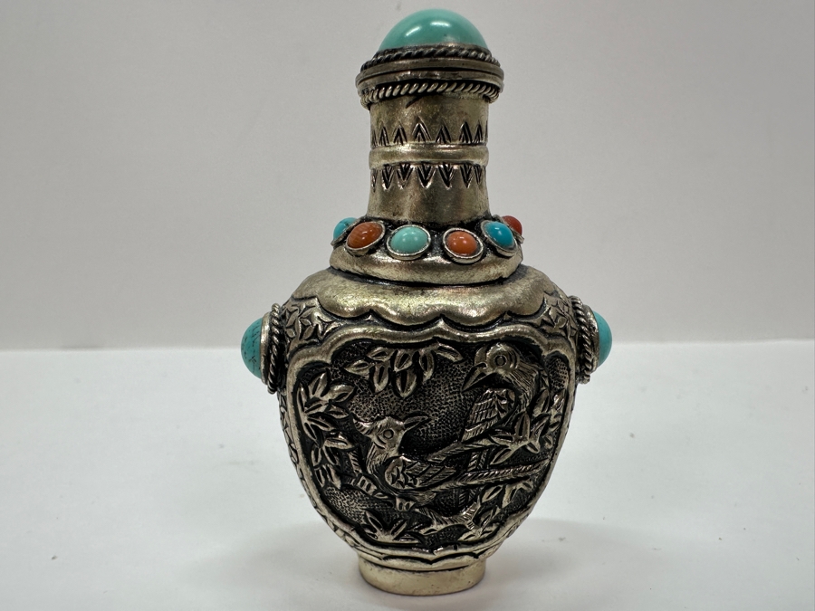 Vintage Tibetan Silver Snuff Bottle with Turquoise and Coral Inlays 3'H [Photo 9]